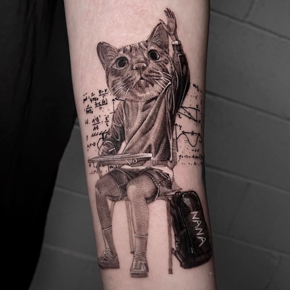 Tattoo of a cat as a person doing math