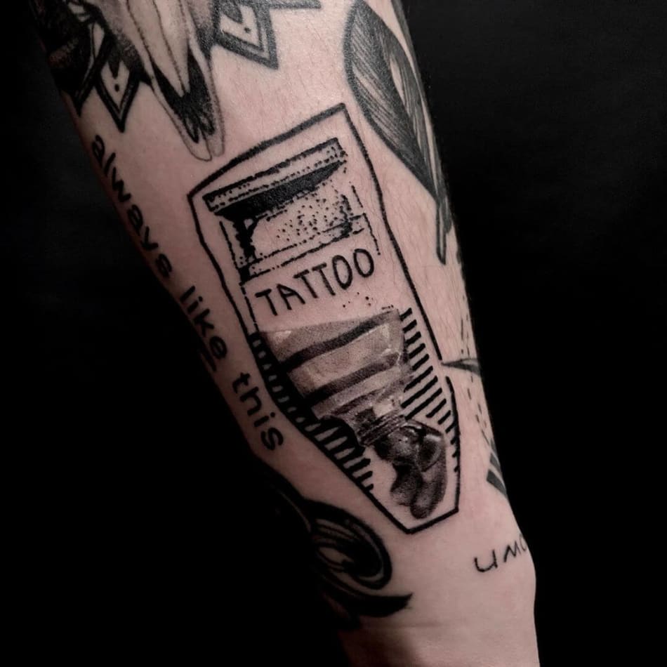 Tattoo of a paint tube with a tattoo label