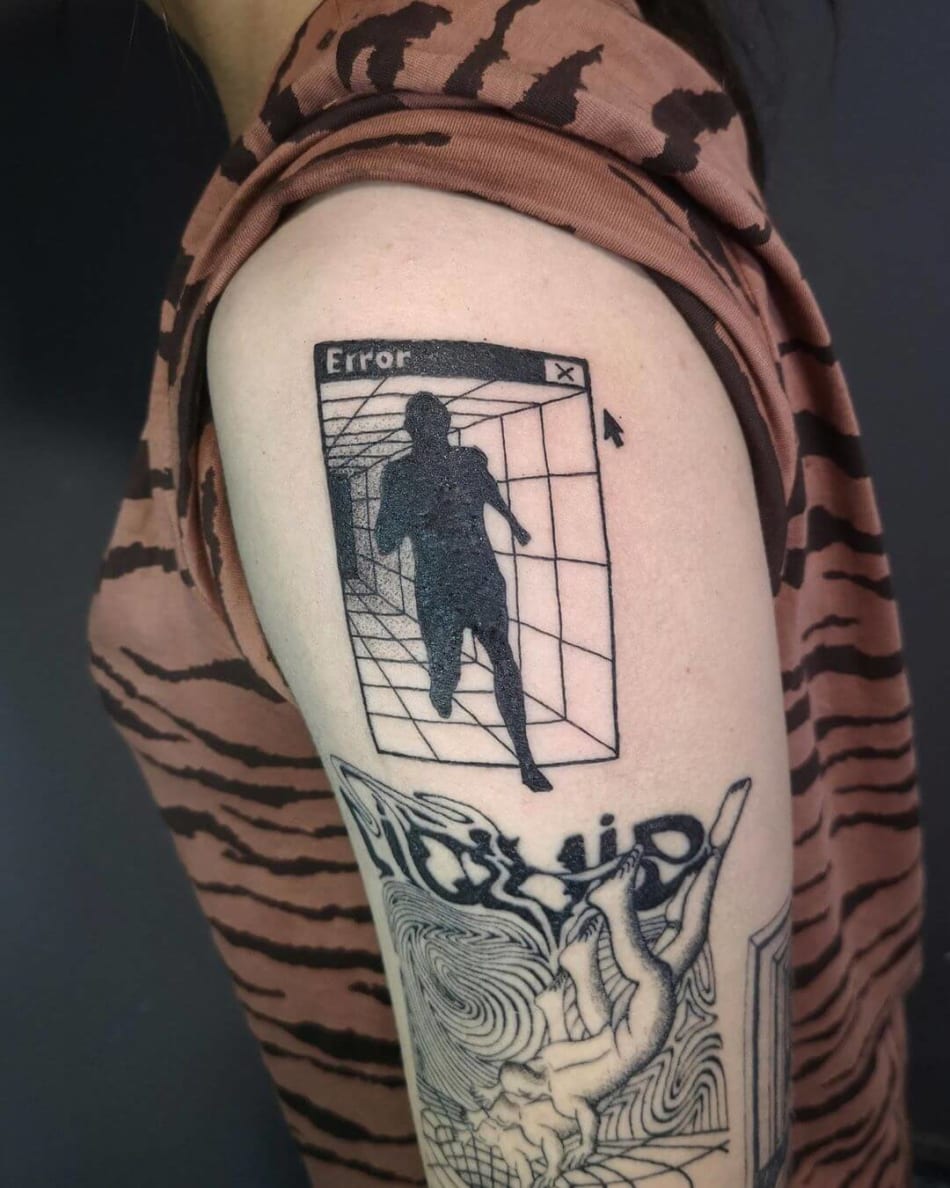 error man running out of browser window tattoo by en Nada