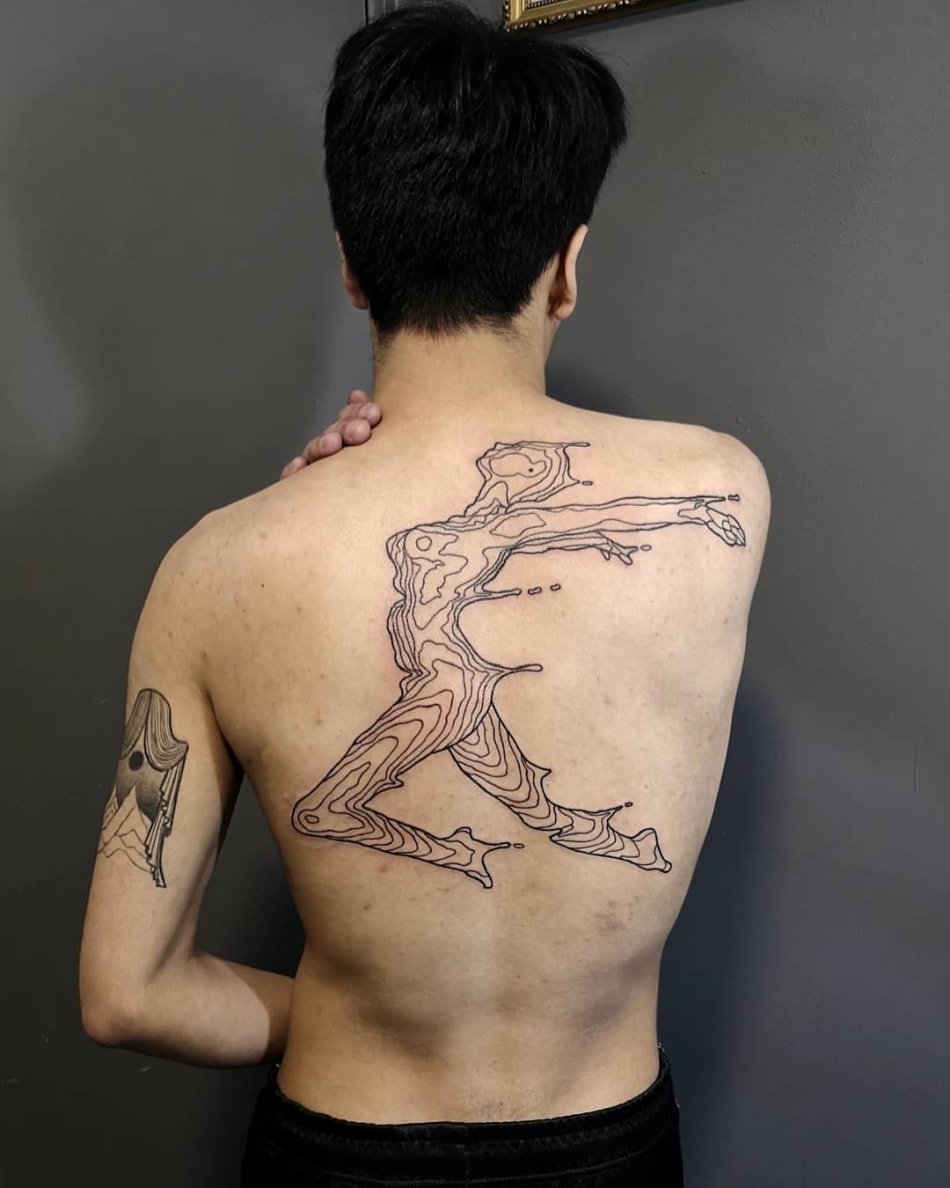 linework liquid abstract female in motion tattoo by en Nada