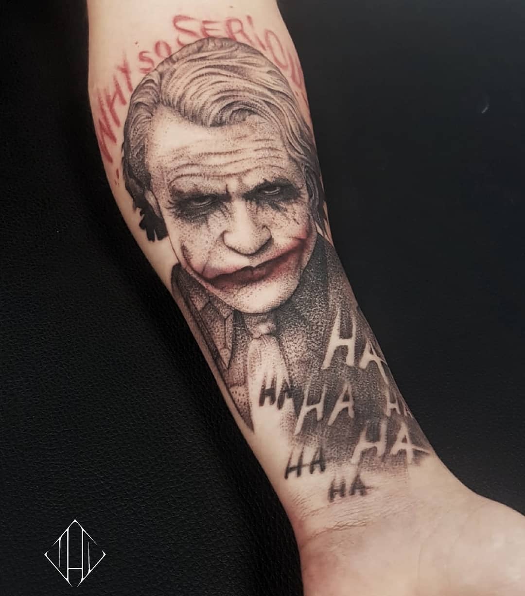 Tattoo Heath Ledger as The Joker with the Why So Serious quote
