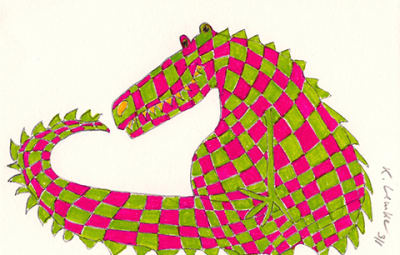 Schachbrettdrache in Grün und Pink