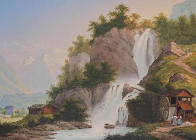 Reichenbachfall, Gouache von Konrad Corradi, um etwa 1840