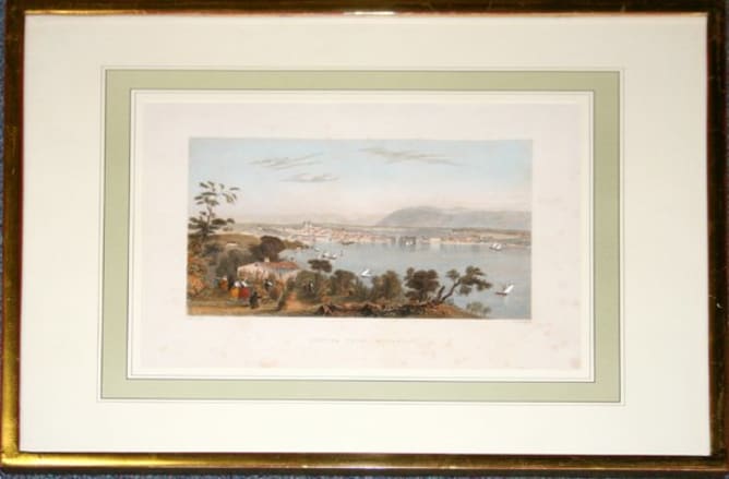 Original 1835 steel Engraving depicting the view of Geneva from a hill near Cologny