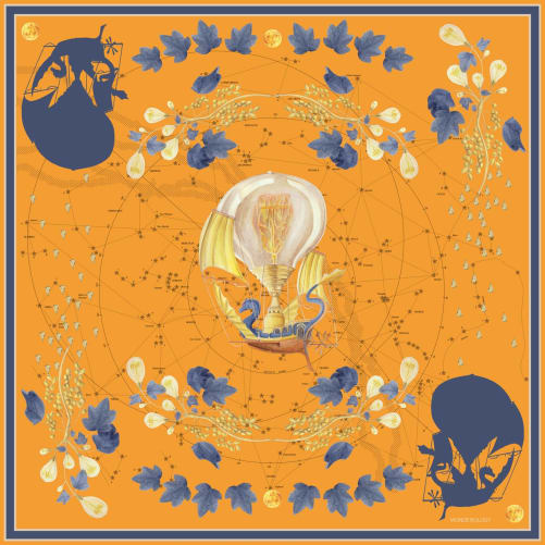 CHF 208: foulard twill de soie 90x90 dessin «Universe Calling» col orange