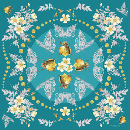 CHF 252: linen-modal scarf 135x135cm «Mechanical Fantasy» design col teal