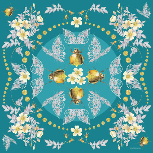 CHF 252: linen-modal scarf 135x135cm «Mechanical Fantasy» design col teal