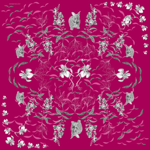 CHF 288: foulard cachemire-modal 135x135cm dessin «Carnivore» col fushia