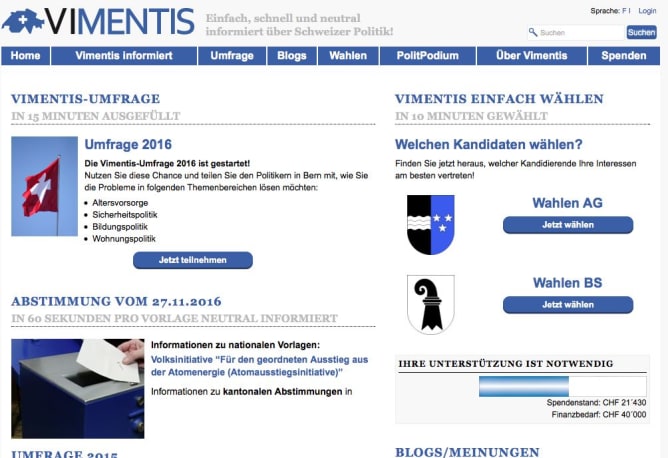 Screenshot der Informationsplattform für Politik www.vimentis.ch