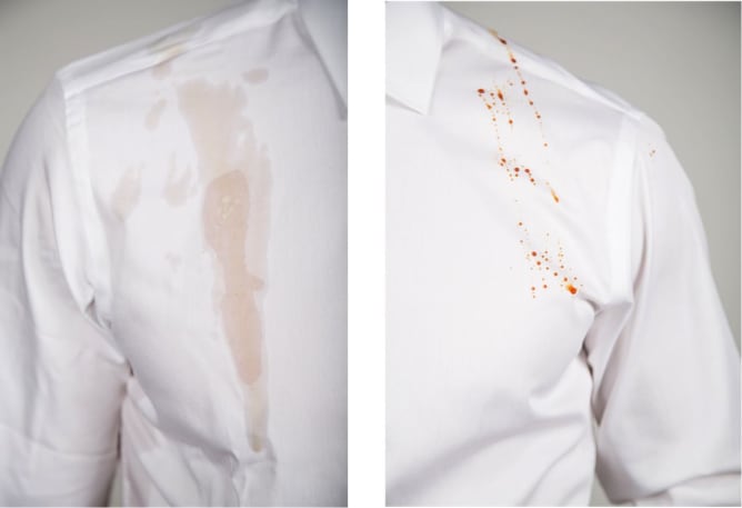 Stains: Liquids roll off the shirt and stains disappear by pouring water over it