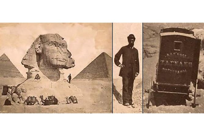 The Zameki Brothers upfront the Sphinx with their darkroom wagon.