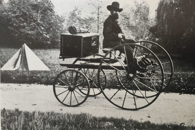 Gustav Haertwig on his double velocipede in 1874