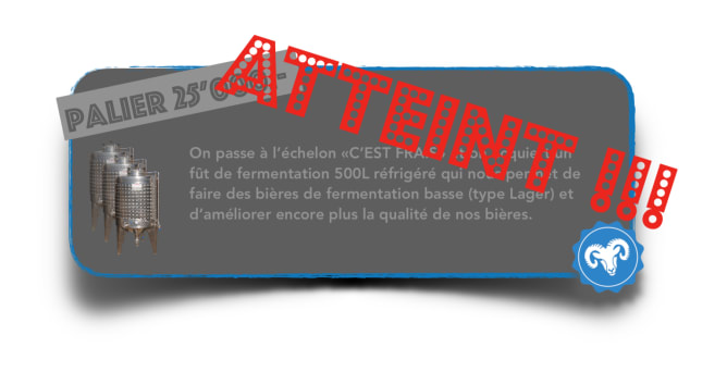 Atteint : Nous achetons une cuve réfrigérée de 500L qui nous permet de brasser des bières de type Lager (basse fermentation) et d'améliorer la qualité de toutes nos bières!