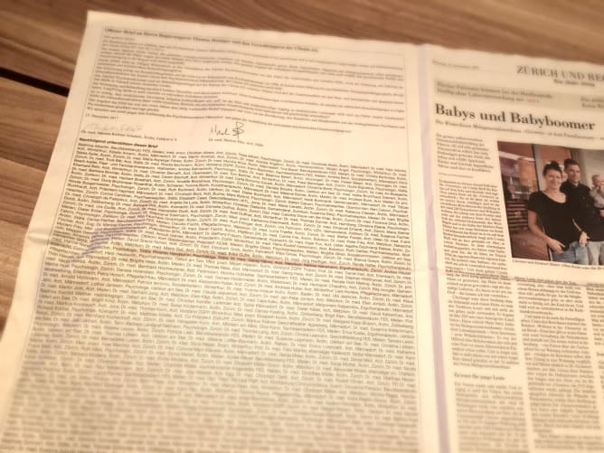 Ganzseitiges Inserat des offenen Briefes in der NZZ vom 19.12.2017