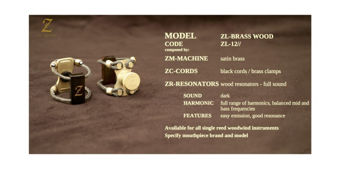 ZL-BRASS WOOD/ZL-12// ZAC LIGATURE  Ottone satinato con risonatore in ebano + copribocchino per lo strumento che vuoi