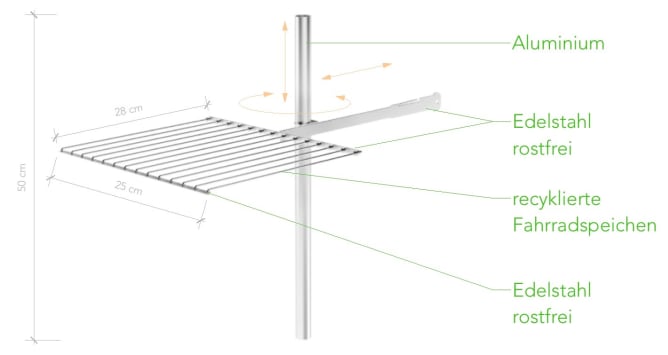 Recyklierte Velospeichen bilden den Rost von MAGIC GRILL.