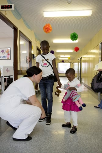 Gracia* and Adame* coming out of a consultation at the Inselspital