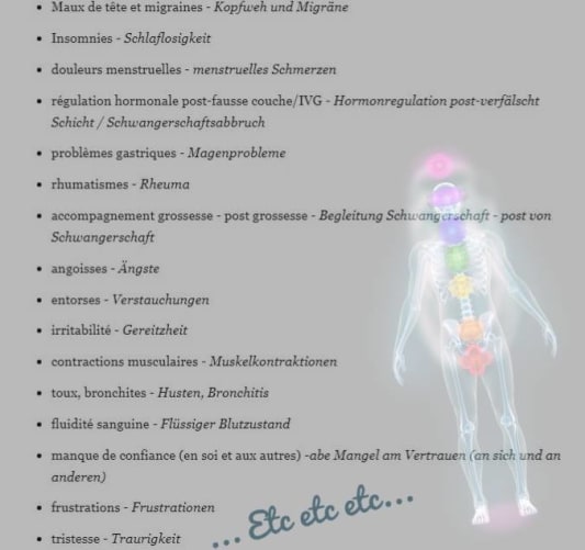 Exemples de maux soignés par la Lithothérapie (Liste non exhaustive):  Beispiele für Beschwerden, die durch Lithotherapie behandelt werden (nicht erschöpfende Liste):