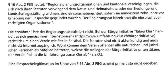 Auszug aus dem Antwortschreiben vom 31. März 2020 des Regierungsrates auf unsere Einsprache vom November 2017