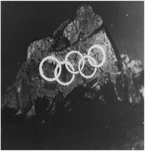 he Olympic rings on the Dolomite walls in Cortina d'Ampezzo