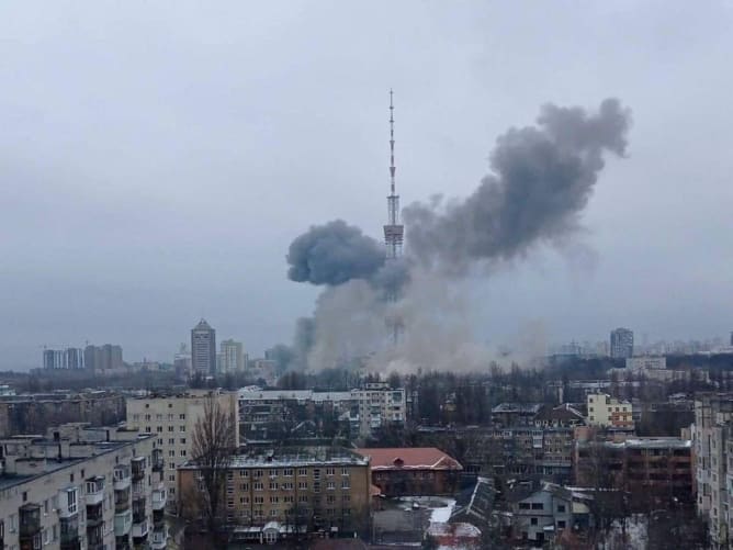 Bombing of the Kiev television tower on 1 March 2022. (Credit: Ministry of the Interior of Ukraine)