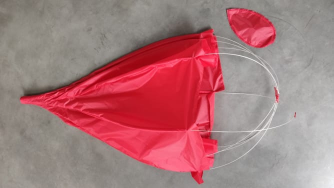 balloon silk sewn into shape, fiberglass rods threaded into it
