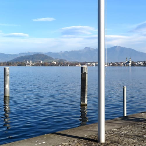 Blick vom Hafen in ALTENDORF SZ nach Lachen, dem Hauptort des Bezirks March 