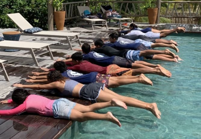 Swimming class at the pool. The ability to swim in Tatajuba is life saving. Many children lost their life in the past as the have not learned to swim.