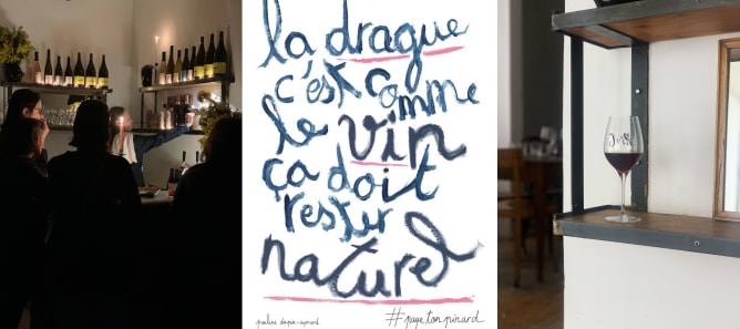 une verrée à Bisou Bar, une affiche de Pauline Dupin Aymard en collaboration avec Paye ton Pinard, et Julie qui a laissé son verre :)