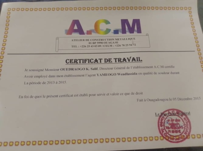 Certificat de travail