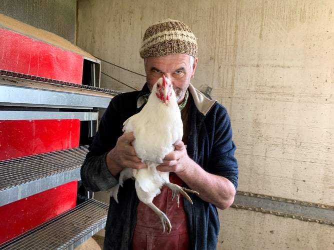 ...einem schön fleischigen Zweinutzungs-Suppenhuhn von Demeterbauer Kurt Brunner? (Bild: Anna Pearson für Bio Suisse)