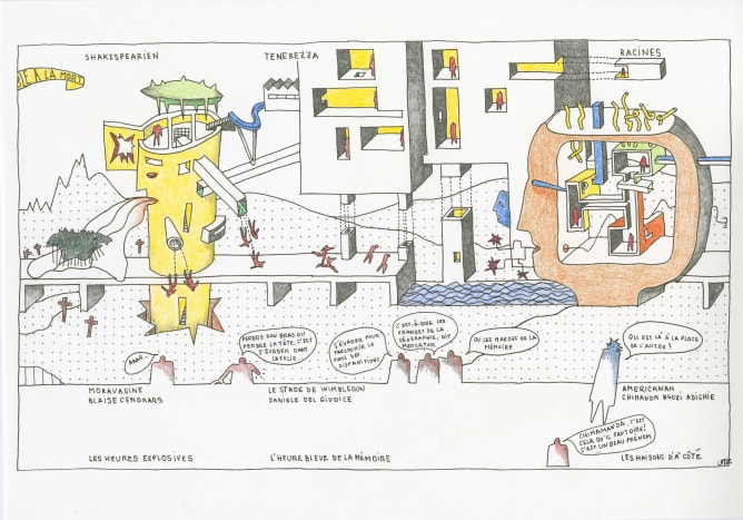 Illustrations «L'aller» planche 8 extrait de La Traversée de ma bibliothèque © Luca Merlini