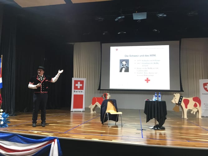 This is me as an Ambassador talking about Switzerland and Red Cross