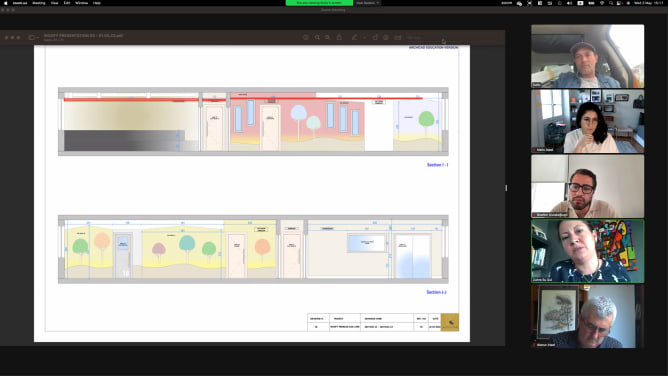 Zoom working session with architects to design the hallways of Woofy / Séance de travail zoom avec des architectes pour concevoir les couloirs de Woofy 