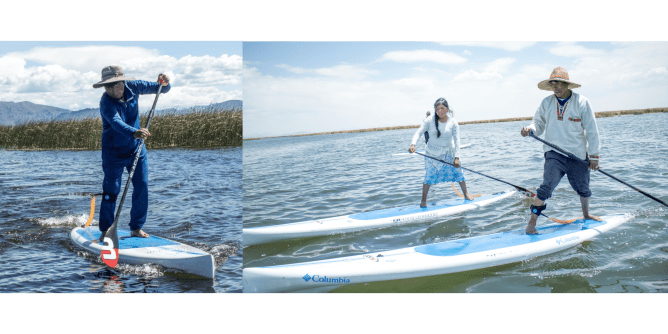 Darwin (leur cousin), Nely et Silver ramant sur le Lac Titicaca