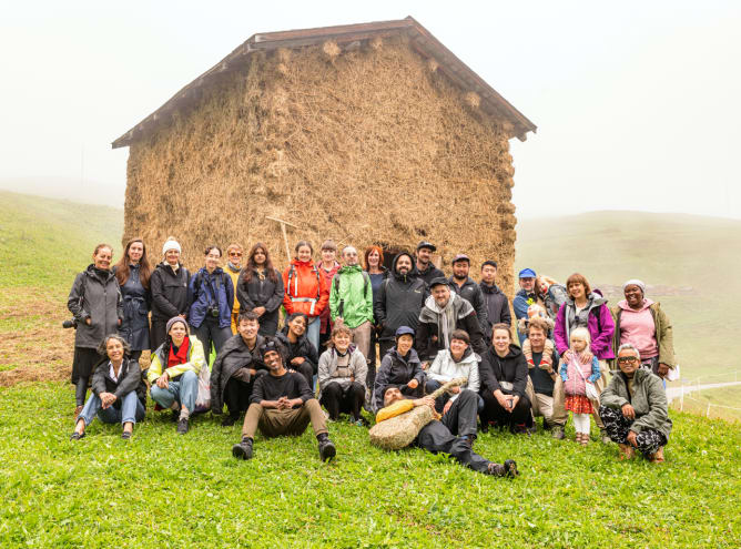 Team of the Alps Art Academy 2022 in front of the Grass Museum by Dharmendra Prasad from Art Safiental Biennale 2022