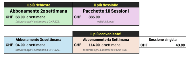 Tariffe corsi di gruppo Reformer (massimo 8 persone)