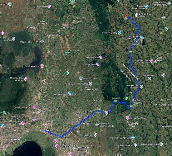 Route from Nakuru to Mirangine-Kihuho Village. Approximately 35 km.