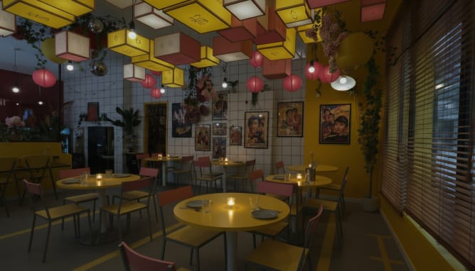 This is how we imagine our Dining Area: A warm, vibrant space inspired by Asian outdoor markets — colorful, lively, and designed for connection.