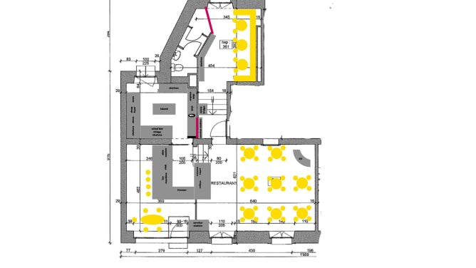 Yellow Print: The layout we would love for our venue. The yellow and pink are updated areas and of course the bar layout.