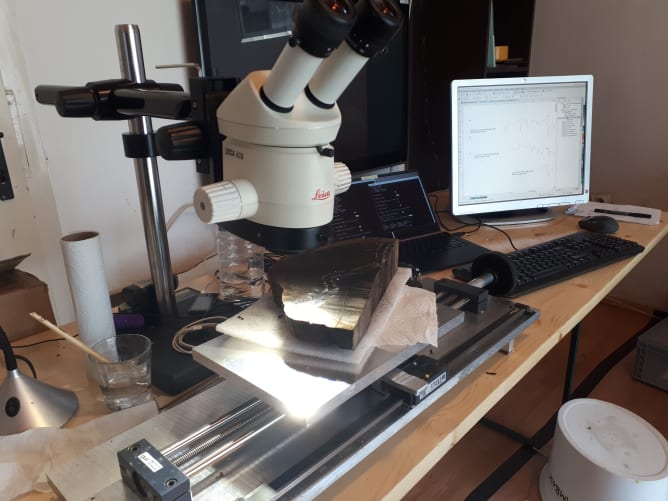 The tree-rings of a wood sample being measured under the microscope for dating via dendrochronology.