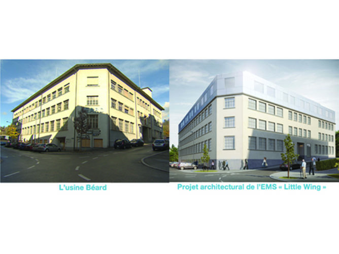 On the left: the actual abandoned factory. On the right: a temporary 3D image of the project «Little Wing».