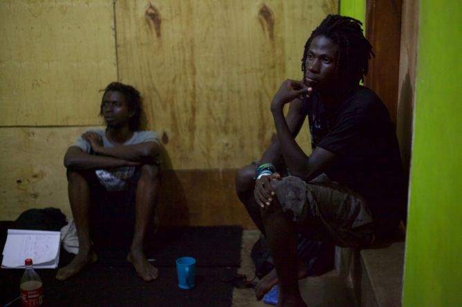 The two rappers Taye and Jora during a recording session, April 2016. Picture by Kibuuka Photography