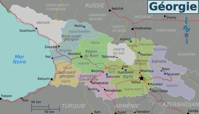 Carte de la géorgie (Peter Fitzgerald, Wikipedia), la Kakhétie est à l’Est du pays. Content