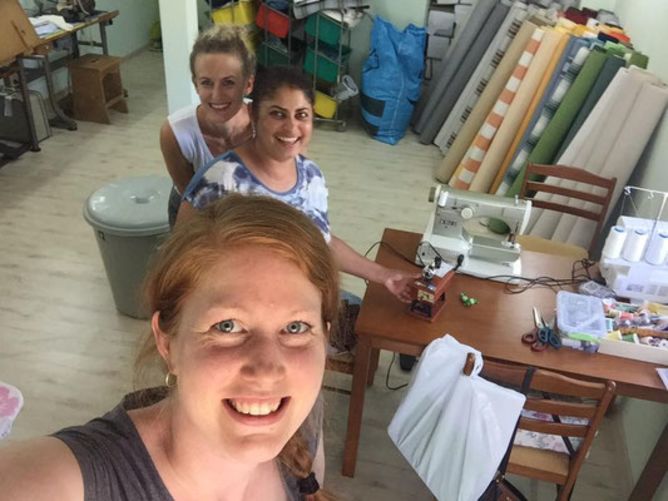 Bettina with our first employee in our own studio in Bulgaria