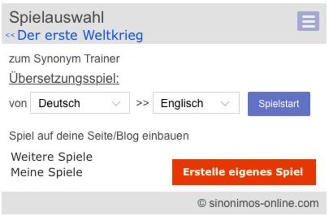 Hier sieht man die neue Spieleauswahl. Oben der Link um auf das vorherige Wissensspiel zum ersten Weltkrieg zurück zu gehen.