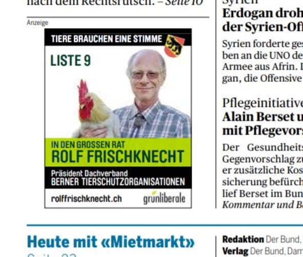 Inserat im Bund 20.03.2018: Tiere brauchen sine Stimme Content