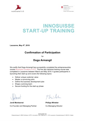 Certificate - Innosuisse startup training - Business creation ICT