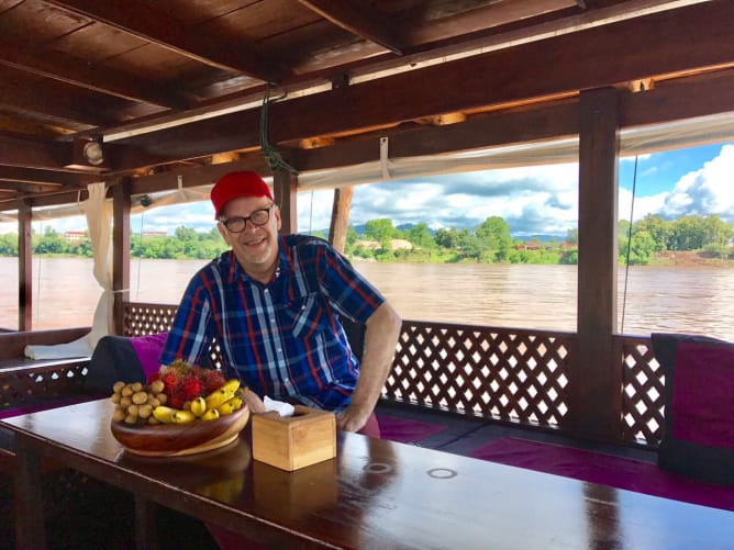 August 2017 auf dem Mekong in Laos, wo mir die Idee des Textes «Auf dem Amakong» kam