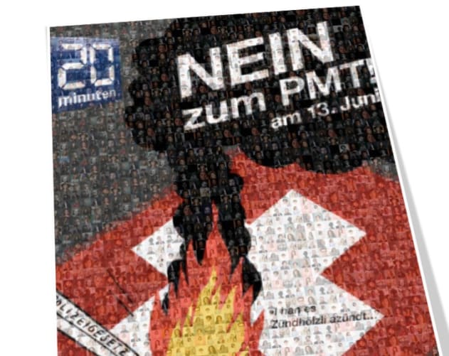 How our full page of «20 Minutes» could look like with all our photos as potentially wrongly suspected terrorists. Content